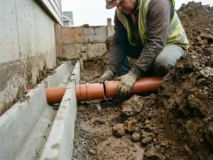 Bauarbeiter verbindet orangefarbenes PVC-Abwasserrohr mit unterirdischem Kanal an Hausfundament in frisch ausgehobenem Erdgraben.