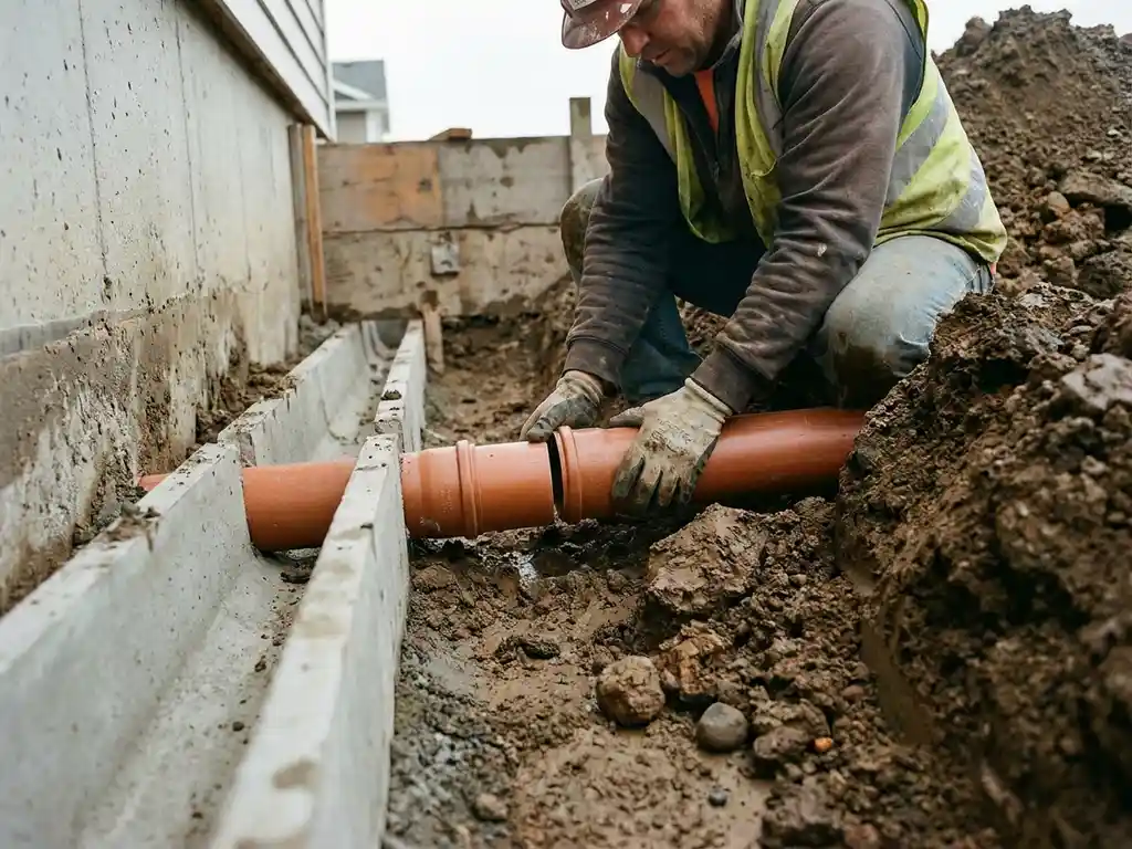 Bauarbeiter verbindet orangefarbenes PVC-Abwasserrohr mit unterirdischem Kanal an Hausfundament in frisch ausgehobenem Erdgraben.