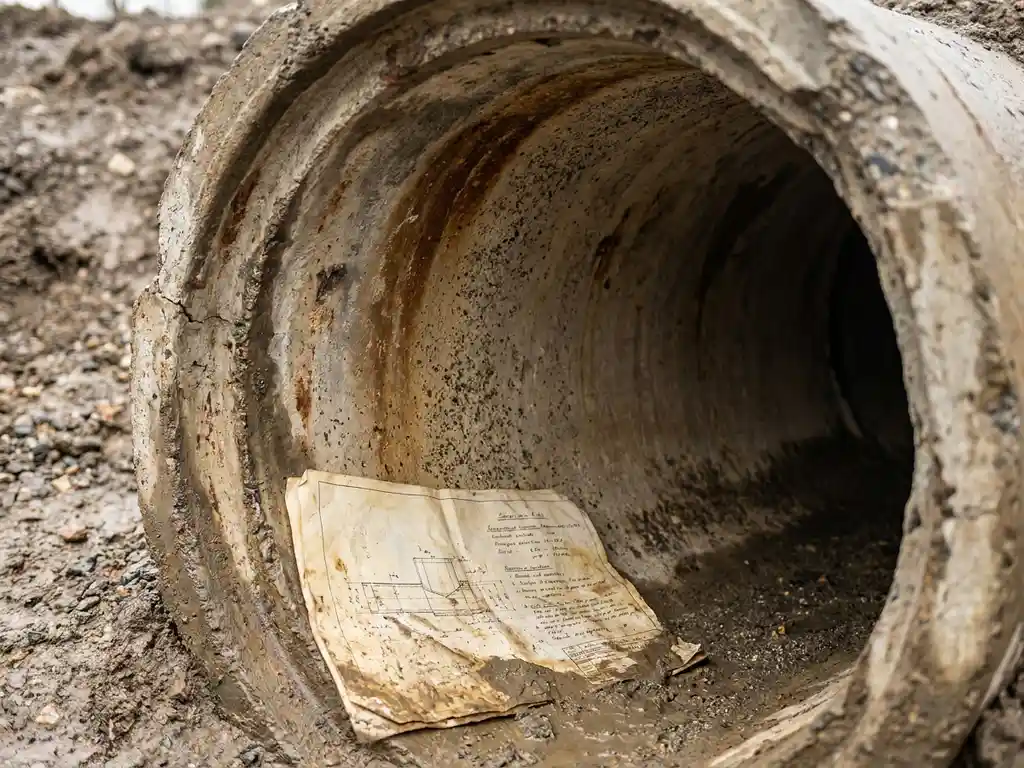 Verwittertes Betonkanalrohr im Querschnitt mit technischem Inspektionsdokument, feuchtem Sediment und Rostspuren an der Rohrinnenwand.