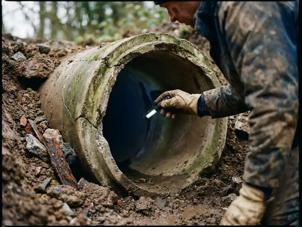 Worker untersucht gerissenes Betonabwasserrohr im Querschnitt mit Inspektionsleuchte, umgeben von feuchtem Erdreich und Rohrbruchstücken.