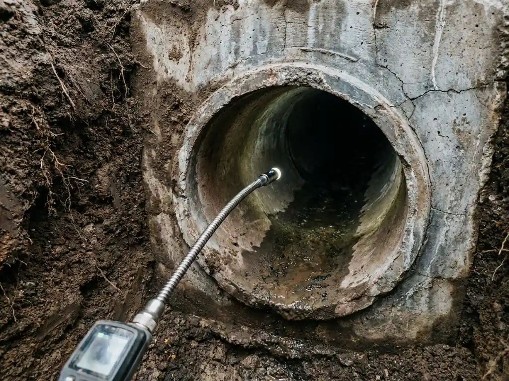 Kanalrohr-Querschnitt im Erdreich mit Inspektionskamera auf flexiblem Kabel, Betonwandung mit Haarrissen, weißer Lichtstrahl beleuchtet Rohreingang.