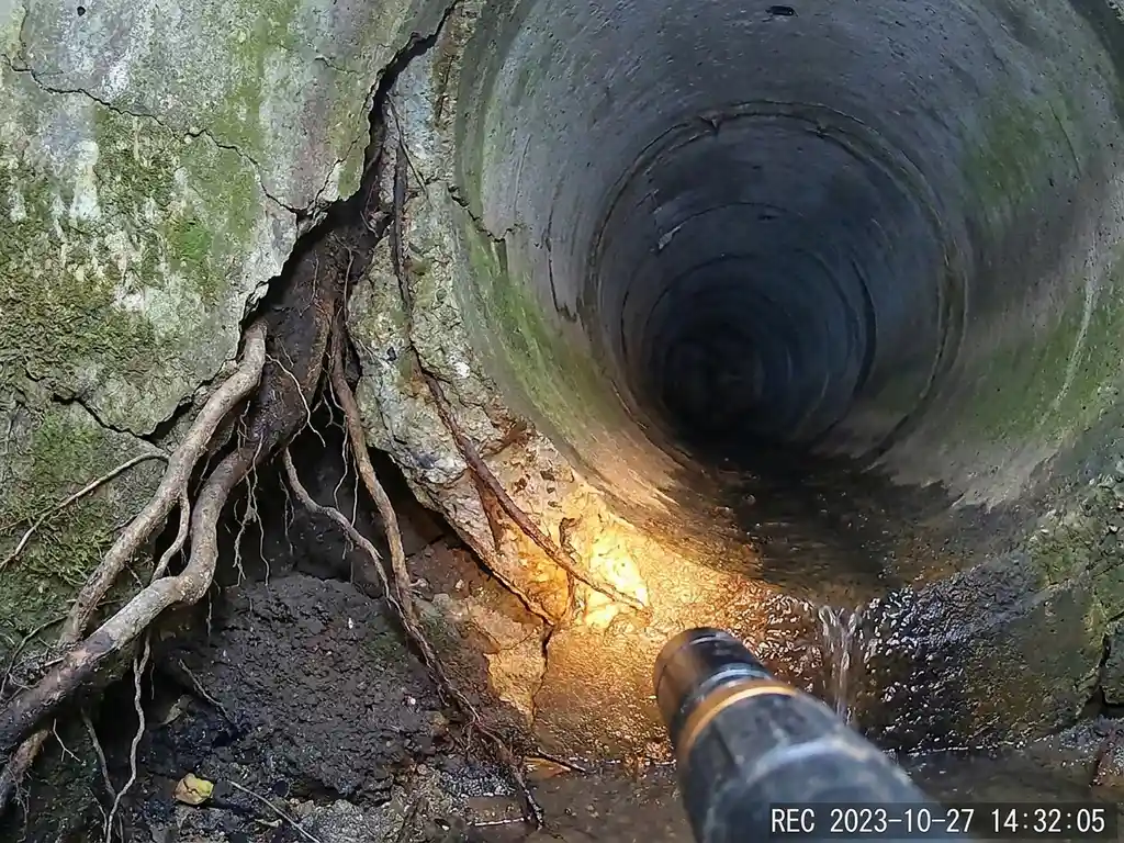 Gerissenes Abwasserrohr mit Wurzeleinwuchs und Ablagerungen, beleuchtet durch Inspektionskamera im Kanalinneren.