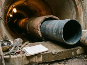 Saniertes Abwasserrohr mit Inliner in dunklem Kanal, Ausgrabungswerkzeug und Genehmigungsdokumente auf schlammigem Beton.