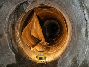 Sanierung eines verwitterten Abwasserkanals mit expandierender Harzbeschichtung, beleuchtet von einer Arbeitslampe im dunklen Tunnel.