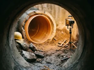 Sanierung eines gerissenen Abwasserrohrs mit glatter Harzauskleidung, beleuchtet von warmem Arbeitslicht im dunklen Tunnel.