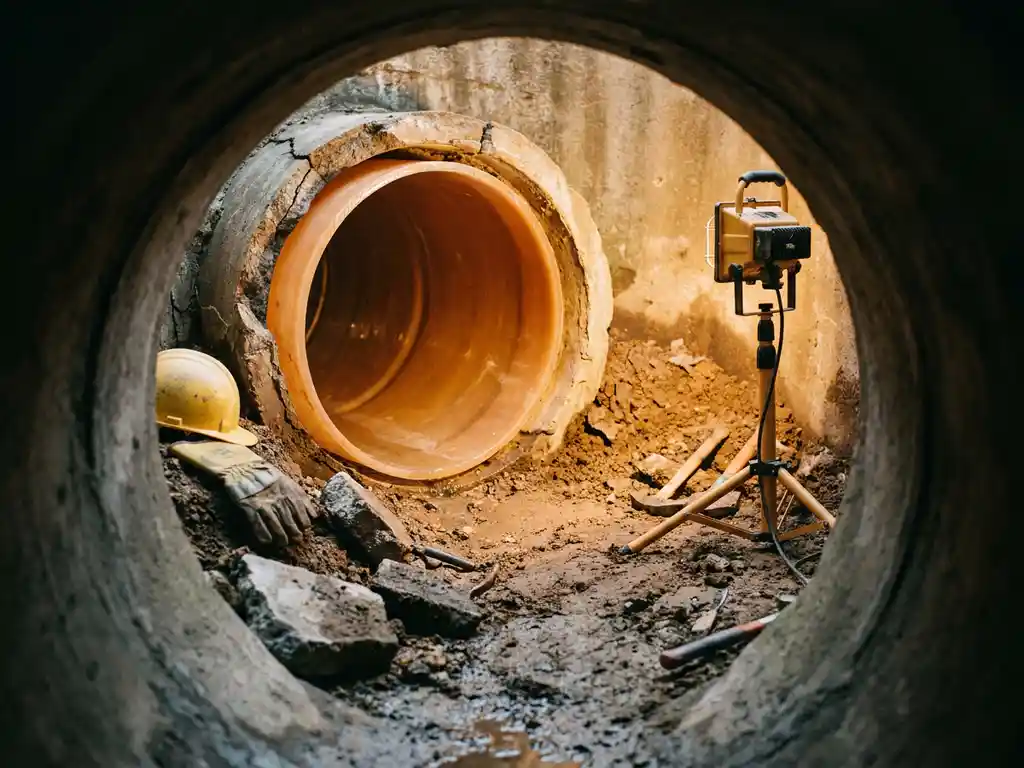 Sanierung eines gerissenen Abwasserrohrs mit glatter Harzauskleidung, beleuchtet von warmem Arbeitslicht im dunklen Tunnel.