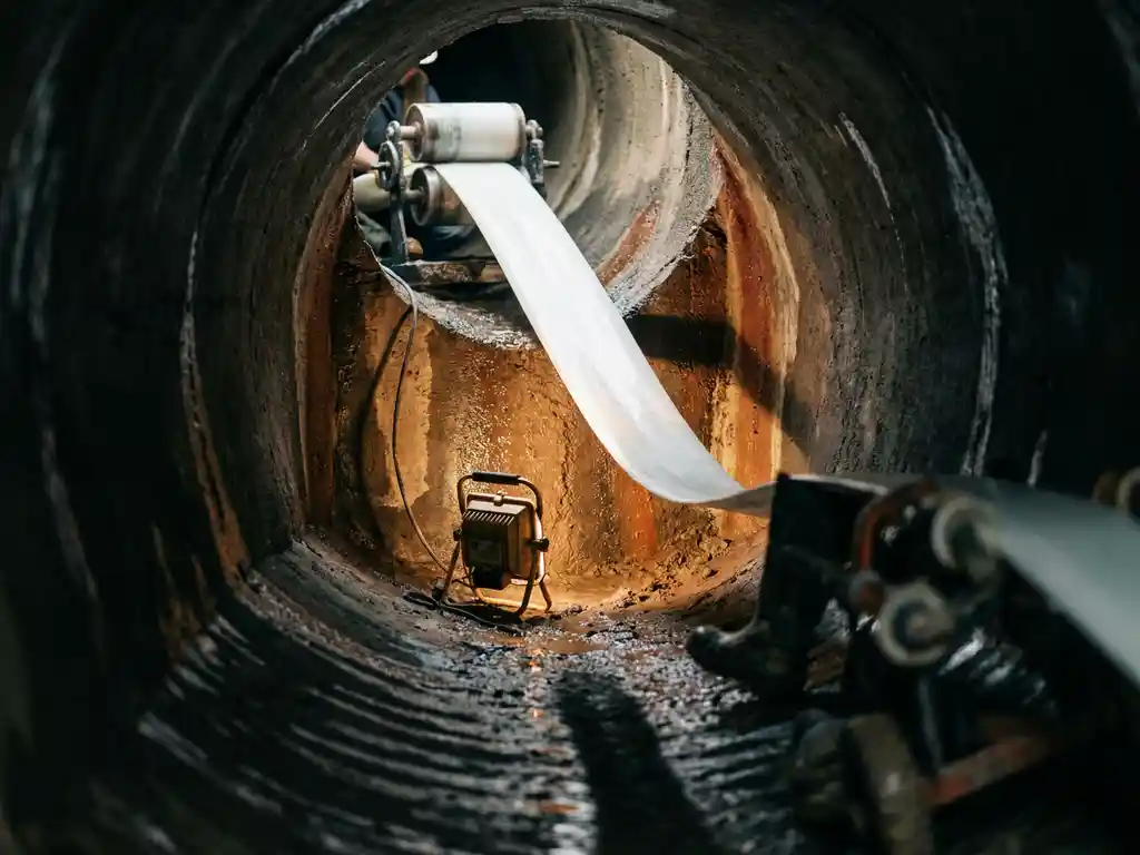 Sanierung eines rissigen Betonabwasserrohrs mit glatter Harzauskleidung, Blick in den dunklen Tunnel mit glänzend nassen Rohrwänden.