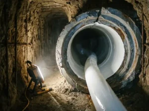 Schadhafte Betonkanalisation wird von innen mit weißem Harzliner saniert, Querschnitt zeigt alte Außenwand und versiegelte Innenfläche.