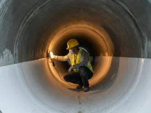 Arbeiter in Schutzausrüstung kniet in einem sanierten Abwasserkanal mit glatter weißer Innenauskleidung, beleuchtet von warmem Arbeitslicht.
