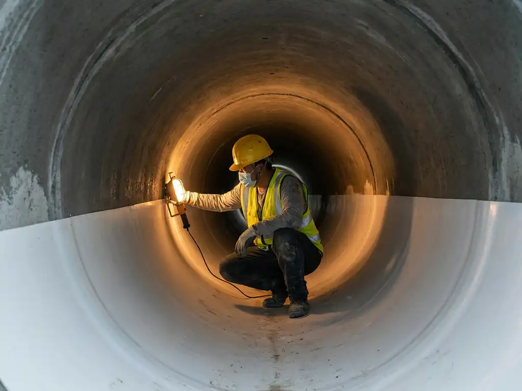 Arbeiter in Schutzausrüstung kniet in einem sanierten Abwasserkanal mit glatter weißer Innenauskleidung, beleuchtet von warmem Arbeitslicht.
