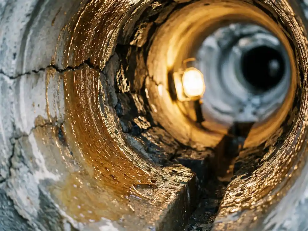 Innenansicht eines rissigen Betonkanalrohrs mit aushärtender Epoxidharz-Auskleidung, beleuchtet von einer Arbeitslampe.