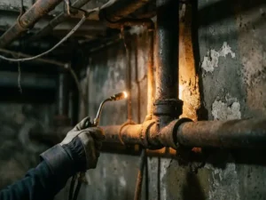 Behandschuhte Hand inspiziert verrostete Rohrverbindung im Keller mit Taschenlampe, umgeben von verwittertem Beton und korrodierten Stahlrohren.