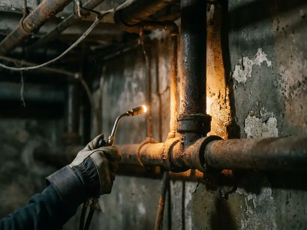 Behandschuhte Hand inspiziert verrostete Rohrverbindung im Keller mit Taschenlampe, umgeben von verwittertem Beton und korrodierten Stahlrohren.