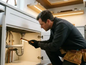 Klempner inspiziert Kupfer- und PVC-Rohre unter einer Küchenspüle mit Inspektionslampe bei geöffneter Revisionsöffnung.