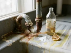 Korrodiertes Küchenabflussrohr mit Kalkablagerungen, umgeben von Hausmitteln: Essigflasche, Natron und Zitronenscheibe auf altem Keramikbecken.