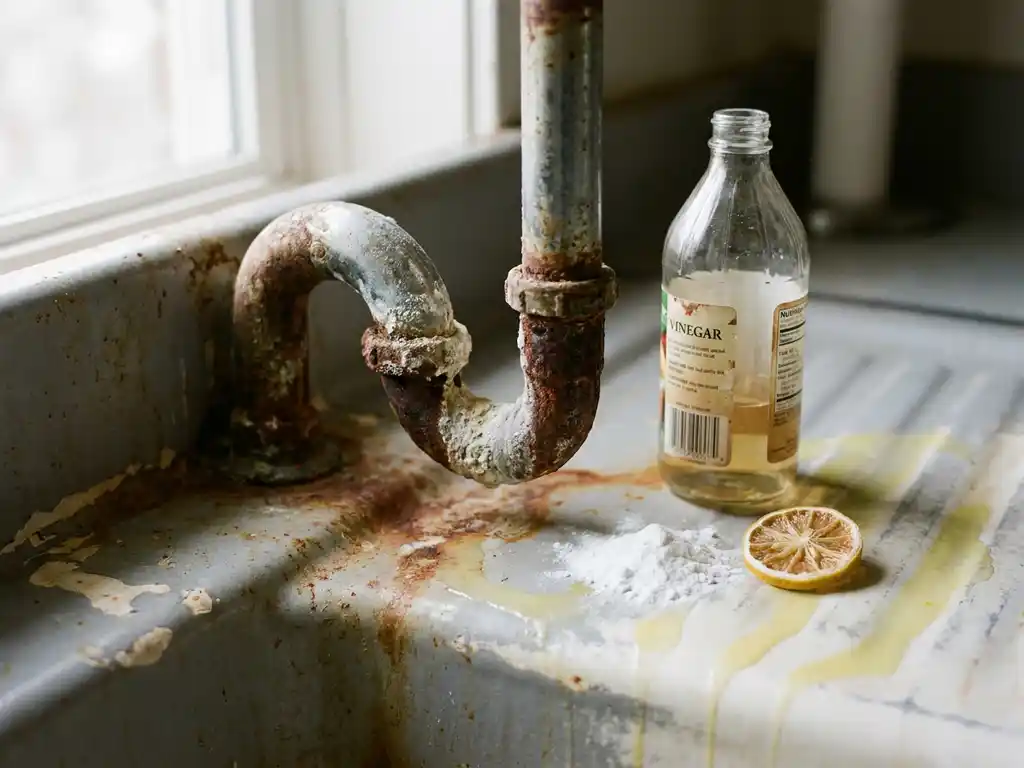 Korrodiertes Küchenabflussrohr mit Kalkablagerungen, umgeben von Hausmitteln: Essigflasche, Natron und Zitronenscheibe auf altem Keramikbecken.