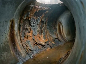 Stark korrodiertes unterirdisches Abwasserrohr mit Rostablagerungen, strukturellen Schäden und stehendem Wasser im Betonkanal.