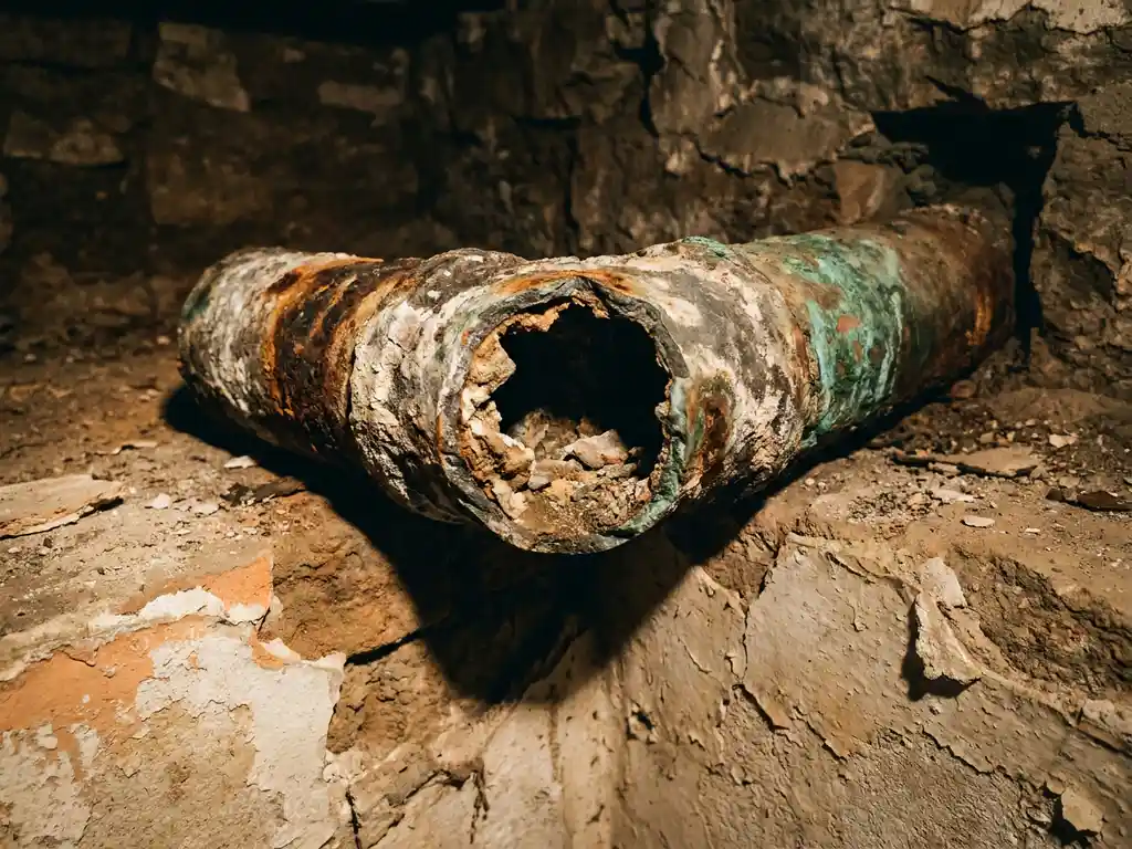 Angeschnittenes Bleirohrstück mit Korrosion und Mineralablagerungen auf bröckelndem Putz in einem alten deutschen Keller.