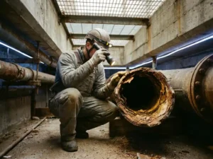Spezialist in Schutzausrüstung inspiziert korrodiertes Industrierohr unter Gewerbeboden mit Taschenlampe, Rost und Betonstruktur sichtbar.
