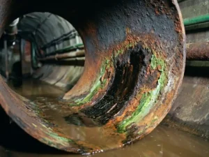 Querschnitt eines stark korrodierten Untergrundrohr mit rostorangen und chemisch-grünen Ablagerungen an der Innenwand und trübem Wasser am Boden.