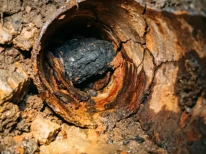 Korrodiertes Untergrundrohr im Querschnitt mit dichter Verstopfung, Rissen in den Innenwänden und Mineralablagerungen in feuchtem Erdreich.