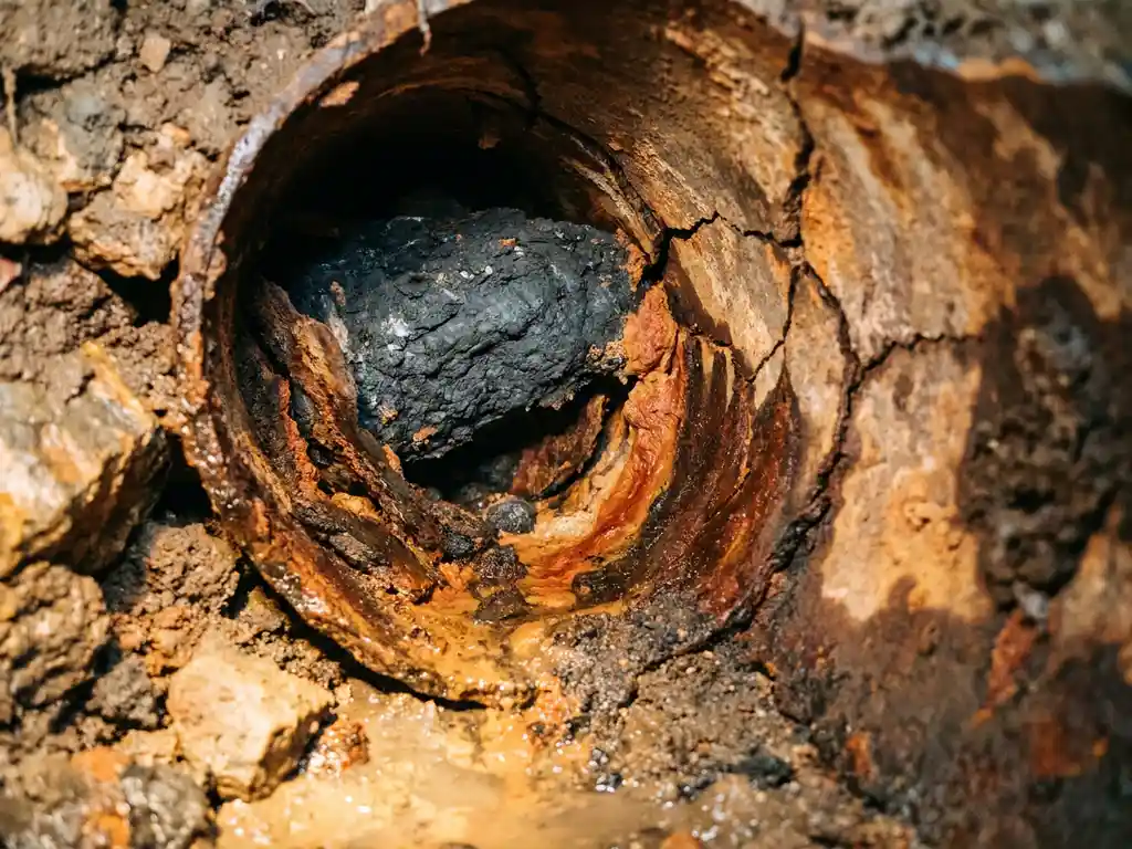 Korrodiertes Untergrundrohr im Querschnitt mit dichter Verstopfung, Rissen in den Innenwänden und Mineralablagerungen in feuchtem Erdreich.