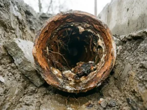 Freigelegtes korrodiertes Abwasserrohr im Erdaushub mit Fettablagerungen, Mineralbelägen und Wurzeleinwuchs im Rohrinneren.