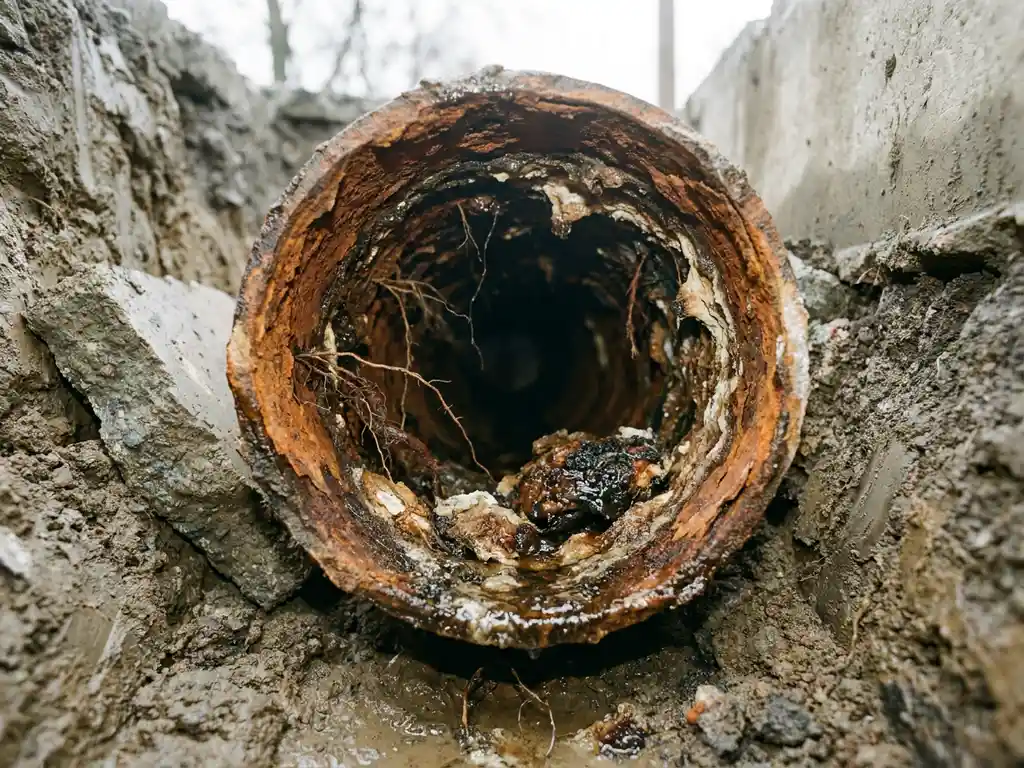 Freigelegtes korrodiertes Abwasserrohr im Erdaushub mit Fettablagerungen, Mineralbelägen und Wurzeleinwuchs im Rohrinneren.