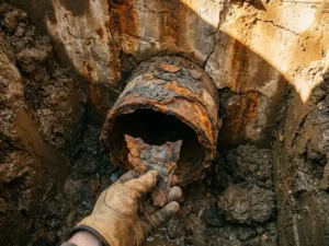 Stark korrodierter unterirdischer Rohrquerschnitt in aufgegrabener Baugrube, Hand mit Handschuh hält zerbrochenes Rohrstück.