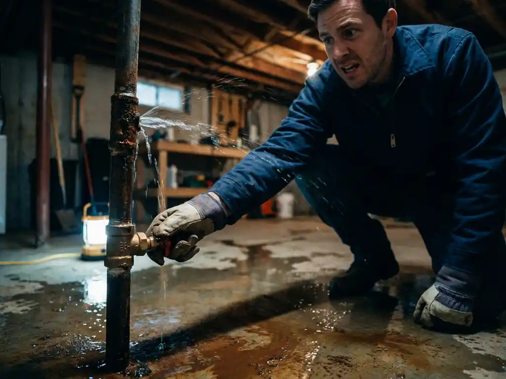 Hausbesitzer kauert neben einem geplatzten, korrodierten Rohr im Keller, Wasser spritzt auf den Betonboden, Notabsperrventil im Vordergrund.