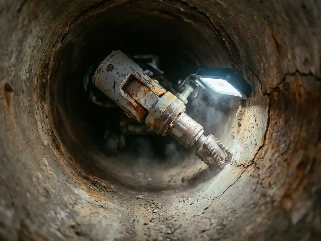 Roboter-Fräsarm mit Wolframschneidkopf im Einsatz in einem dunklen Untergrundkanal mit rissigen Betonwänden.
