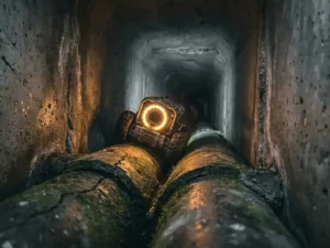 Roboter-Kanalinspektion: Faseroptische Kamera auf Crawler beleuchtet rissige Betonwände im dunklen Abwasserkanal.