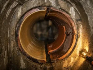 Aufgeschnittenes Abwasserrohr im Betonkanal: eine Hälfte mit durchgehender Harzauskleidung, die andere mit kurzem Flicken über lokaler Schadstelle.