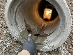 Fachkraft trägt Epoxidharz-Dichtmasse auf gerissene graue Kanalrohrinnenwand auf, Nahaufnahme mit Wassertropfen und Rohrtextur.