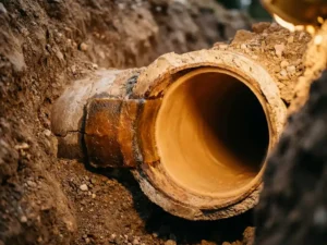 Unterirdisches Rohr im Querschnitt zeigt Epoxidharz-Muffe und vollständige Inliner-Sanierung im Vergleich, Baugrube mit erdigen Brauntönen.