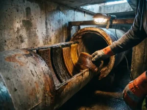 Techniker untersucht Rohrsanierungsliner-Proben in einem feuchten Betonschacht mit gedämpfter Tunnelbeleuchtung.