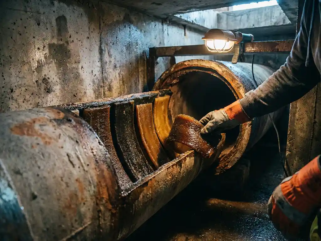 Techniker untersucht Rohrsanierungsliner-Proben in einem feuchten Betonschacht mit gedämpfter Tunnelbeleuchtung.