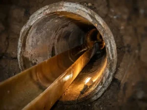 Sanierung einer unterirdischen Betonrohrleitung mit eingezogenem Harzliner, beleuchtet von einer Arbeitsleuchte im Tunnelinneren.