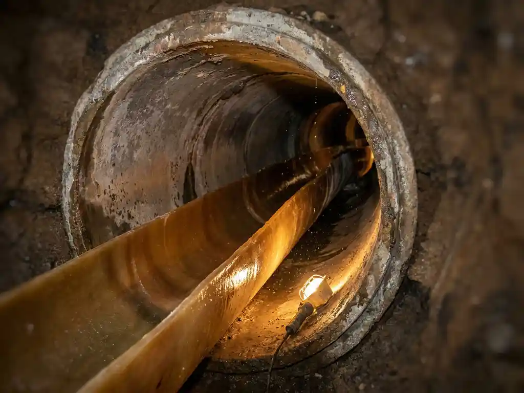 Sanierung einer unterirdischen Betonrohrleitung mit eingezogenem Harzliner, beleuchtet von einer Arbeitsleuchte im Tunnelinneren.