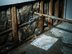 Geborstenes Kupferrohr spritzt Wasser in Wandhohlraum mit durchnässter Dämmung und Versicherungsdokument auf feuchtem Boden.