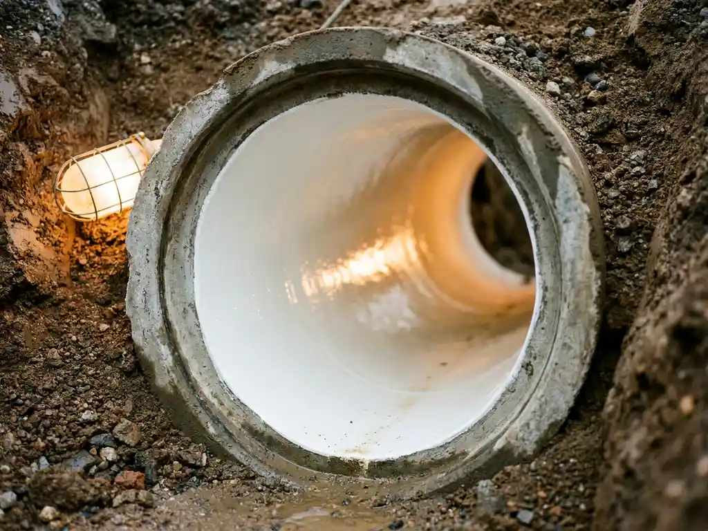 Frisch ausgekleidetes Untergrundrohr im Querschnitt mit glatter weißer Epoxidbeschichtung in gealterter Betonwand, beleuchtet von Baustellenlampe.