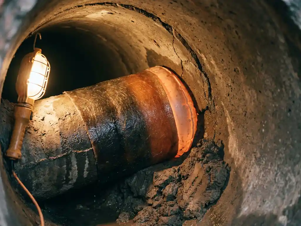 Harzgetränkte Rohrlinerschlauche wird in gerissenes Abwasserrohr eingesetzt, umgeben von feuchtem Beton und Erdreich.