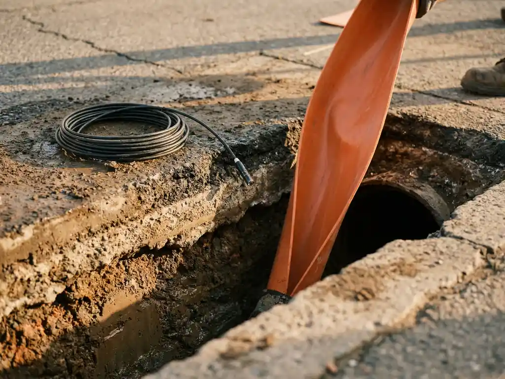 Grabenloser Rohrsanierungsschlauch in orangener Farbe wird in einen dunklen Kanalschacht eingeführt, Betonschichten im Querschnitt sichtbar.