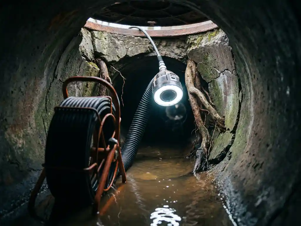 Rohrinspektionskamera auf flexiblem Kabel in dunklem Abwasserkanal mit gerissenen Betonwänden und Wurzeleinwuchs.