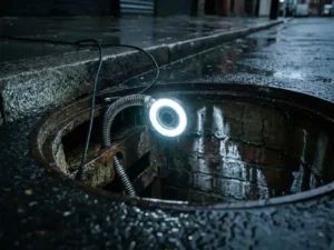 Rohrinspektionskamera mit LED-Ring wird in einen dunklen Kanalschacht auf nasser Stadtstraße abgesenkt.