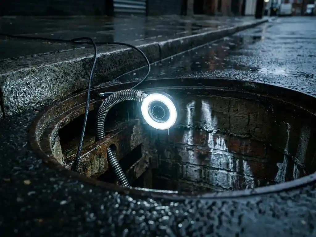 Rohrinspektionskamera mit LED-Ring wird in einen dunklen Kanalschacht auf nasser Stadtstraße abgesenkt.