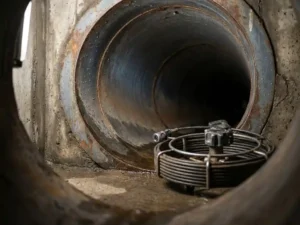 Kreisförmige Rohr-Reinigungsöffnung aus verwittertem Metall mit Inspektionswerkzeug, feuchte Betonumgebung in Stahlgrau und Rostbraun.