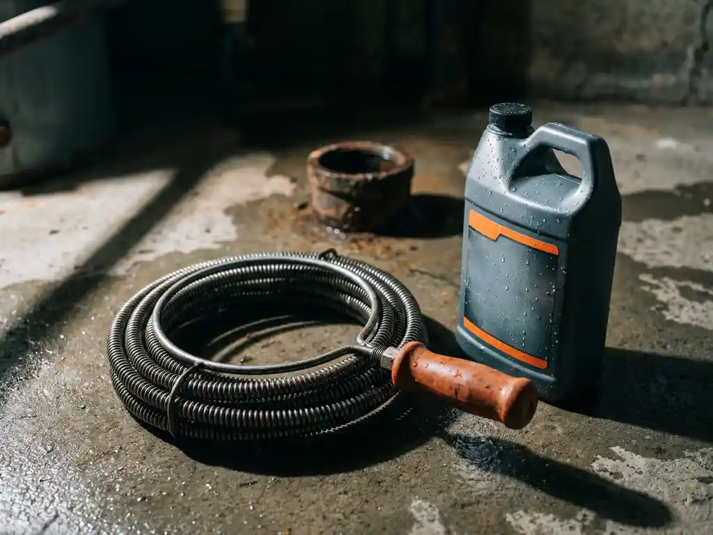 Mechanische Rohrspirale und chemischer Abflussreiniger auf nassem Betonboden, dunkle Kanalöffnung im Hintergrund.