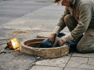 Techniker in Schutzausrüstung installiert flexiblen Liner in gerissenes Betonrohr auf städtischem Untergrund.