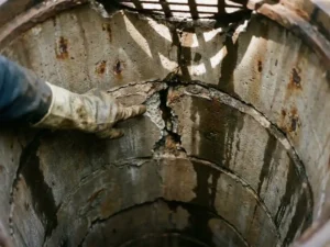 Beschädigter Betonschacht von oben mit bröckelnden Mörtelfugen, Wasserinfiltration und behandschuhter Hand, die auf Strukturschäden zeigt.